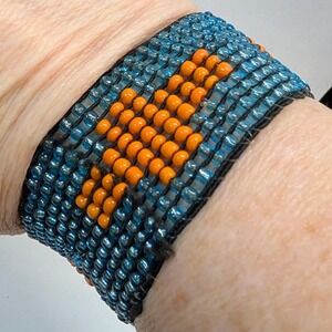 Vintage Beaded Cross Cuff Bracelet Blue Orange Geometric Loom Boho 1.25" Wide